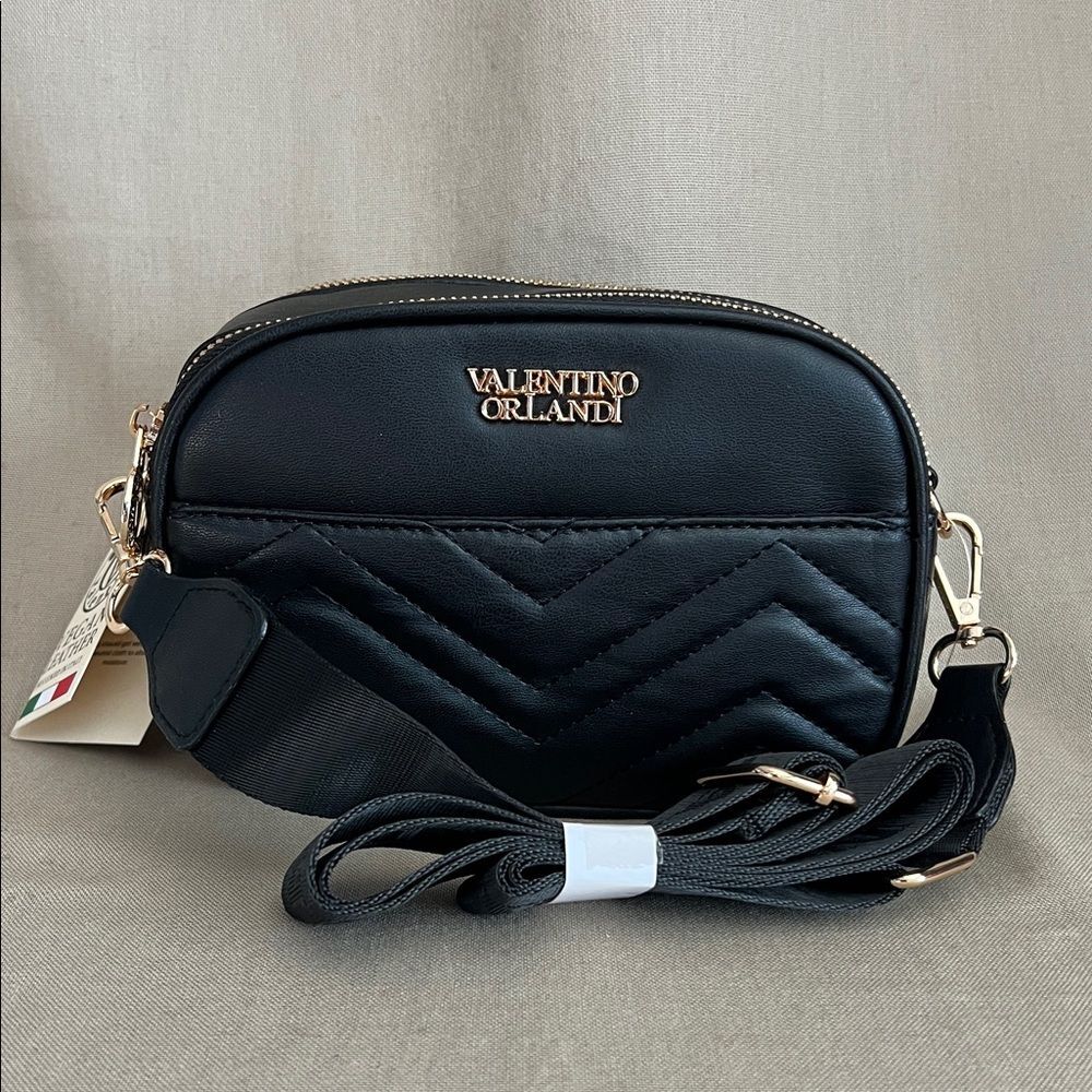 Valentino Orlandi Black Quilted Crossbody Bag NWT Gold Hardware MSRP $210